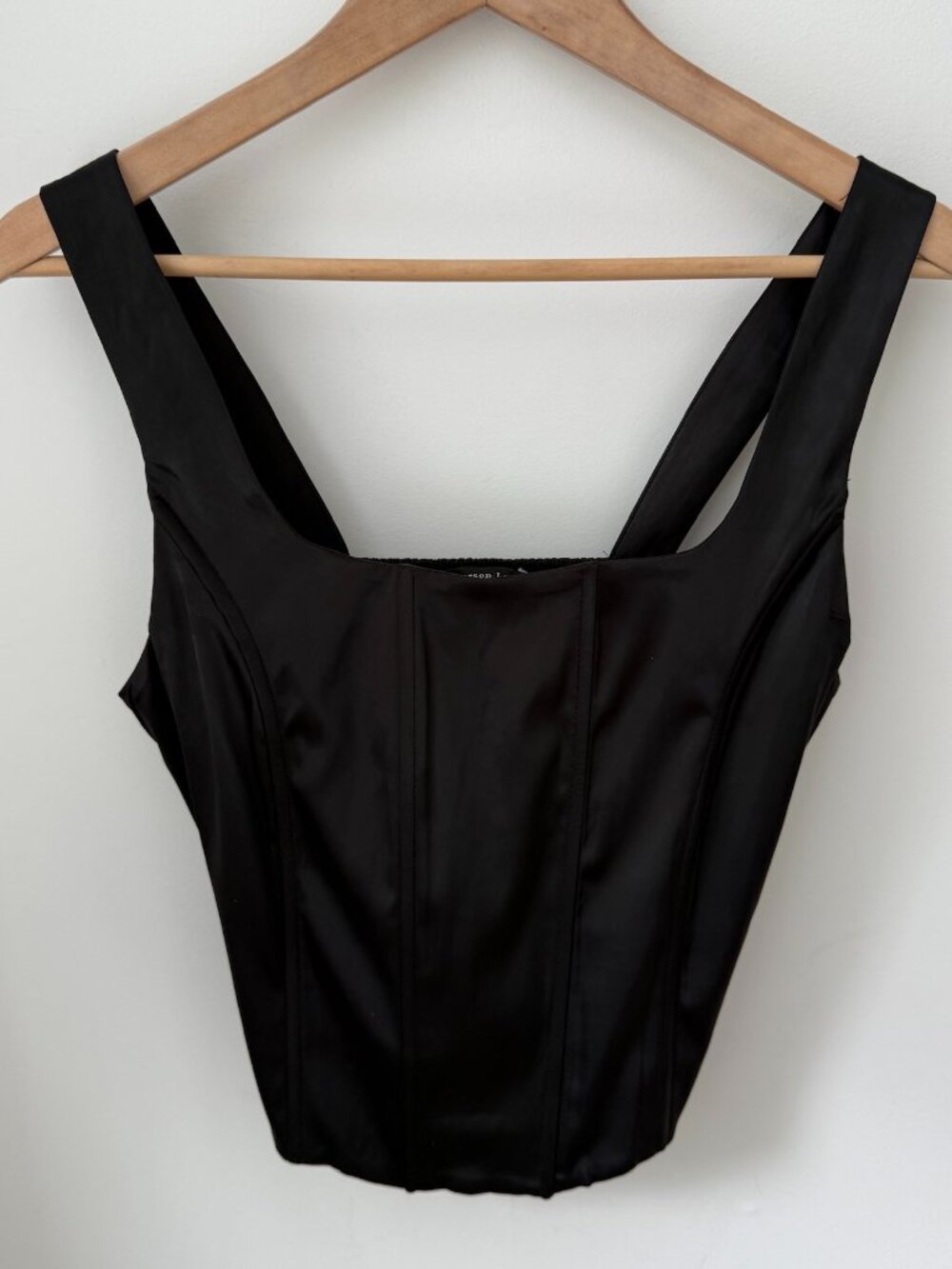 EMERSON LANG Black Satin Bustier Top Y2K Minimalist Strappy Corset Ruched Back